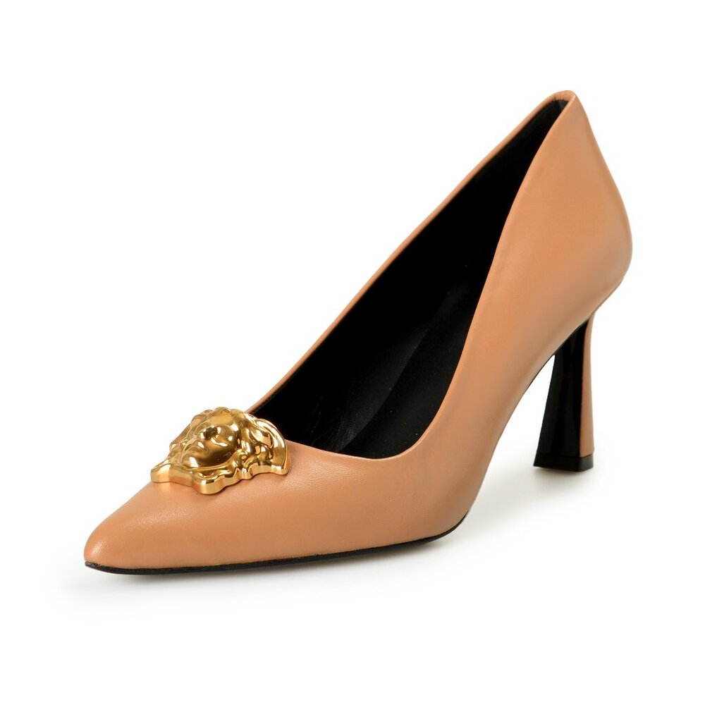 Versace Women's Gold Medusa 100% Leather Heeled Pumps Shoes US 7.5 IT 37.5 - Picture 1 of 8